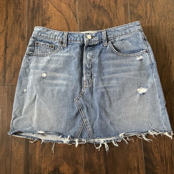 Reformation Retooled Distressed Blue Denim Mini Skirt Salton Wash Size 29 LY397 - Picture 1 of 10
